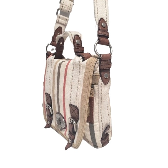 FOSSIL Vintage Retro Style Messenger Crossbody Canvas & Leather Bag w/Key Logo - Picture 3 of 14